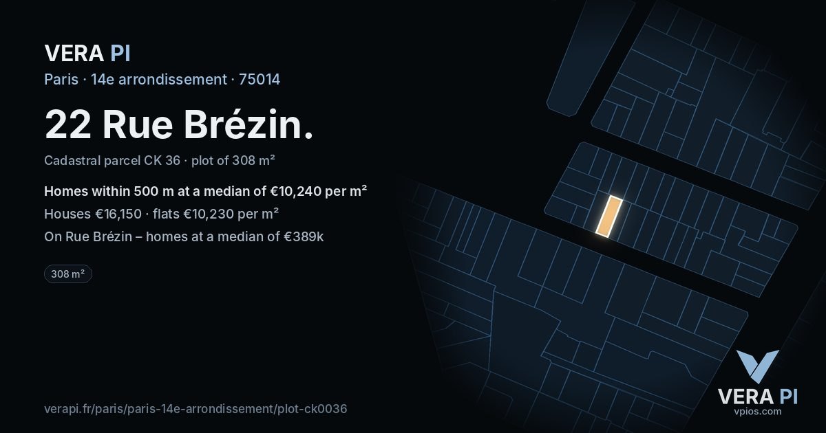 22 Rue Brézin, 14e arrondissement at night – the plot lit, the parcels around coloured by the prices near them