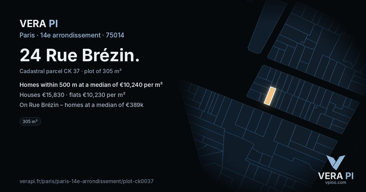 24 Rue Brézin, 14e arrondissement at night – the plot lit, the parcels around coloured by the prices near them