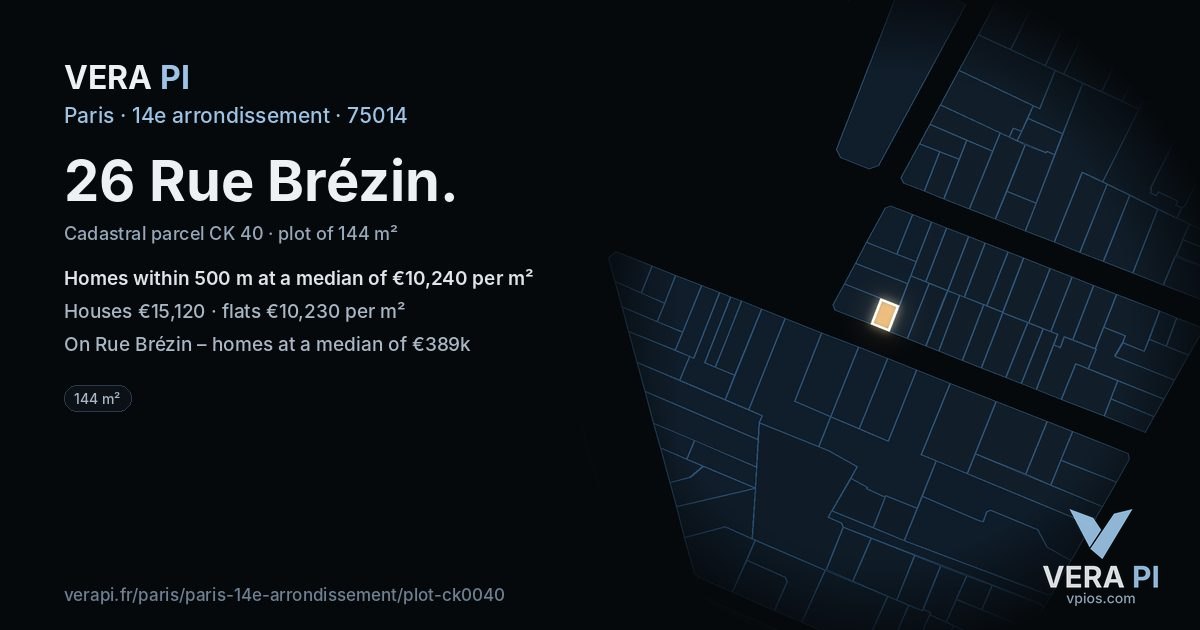 26 Rue Brézin, 14e arrondissement at night – the plot lit, the parcels around coloured by the prices near them