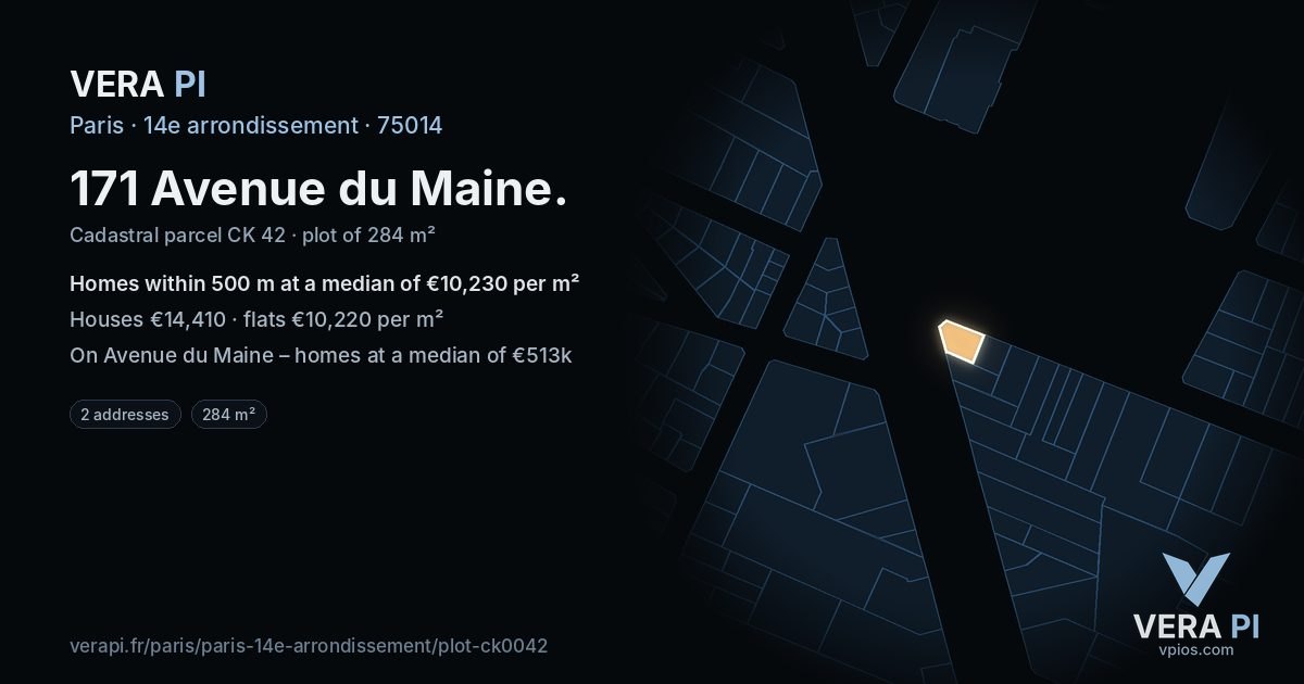 171 Avenue du Maine, 14e arrondissement at night – the plot lit, the parcels around coloured by the prices near them