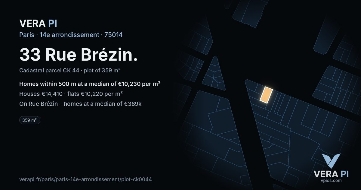 33 Rue Brézin, 14e arrondissement at night – the plot lit, the parcels around coloured by the prices near them
