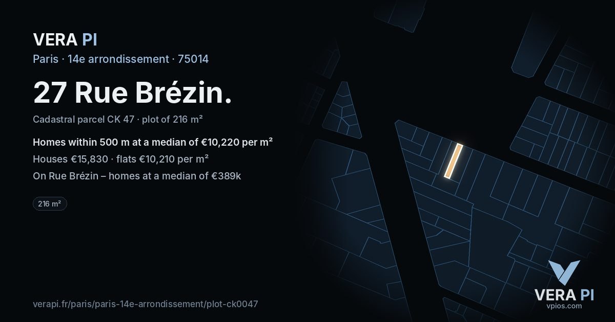 27 Rue Brézin, 14e arrondissement at night – the plot lit, the parcels around coloured by the prices near them