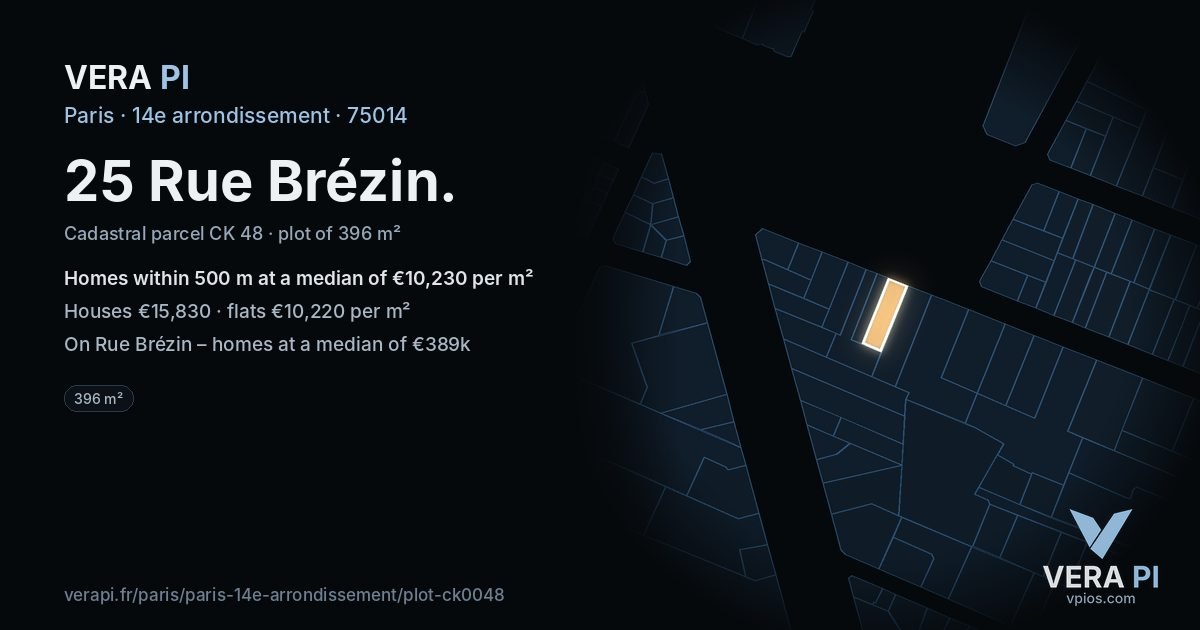 25 Rue Brézin, 14e arrondissement at night – the plot lit, the parcels around coloured by the prices near them