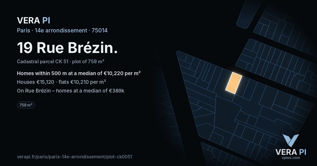 19 Rue Brézin, 14e arrondissement at night – the plot lit, the parcels around coloured by the prices near them