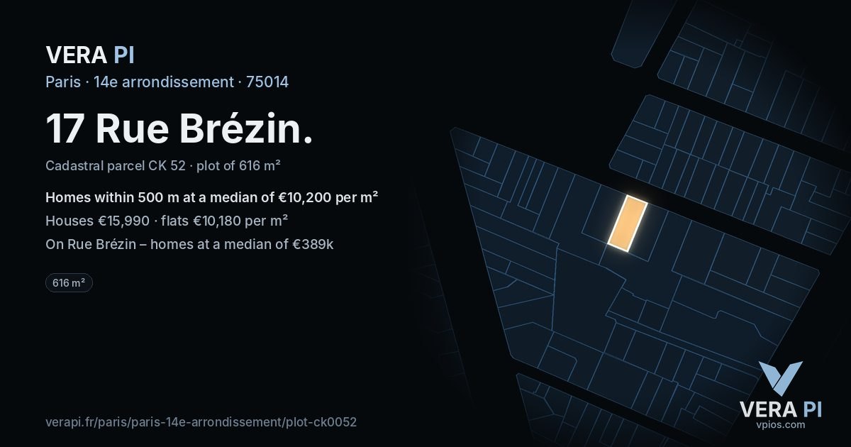 17 Rue Brézin, 14e arrondissement at night – the plot lit, the parcels around coloured by the prices near them