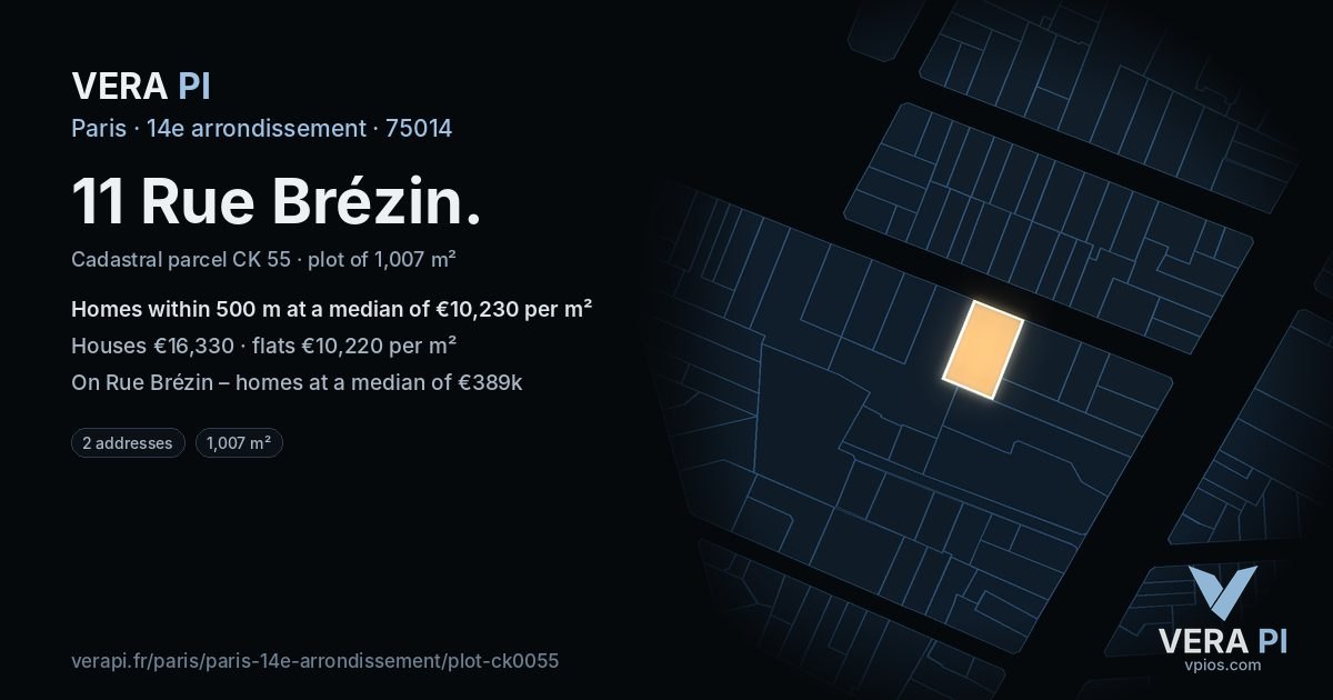 11 Rue Brézin, 14e arrondissement at night – the plot lit, the parcels around coloured by the prices near them