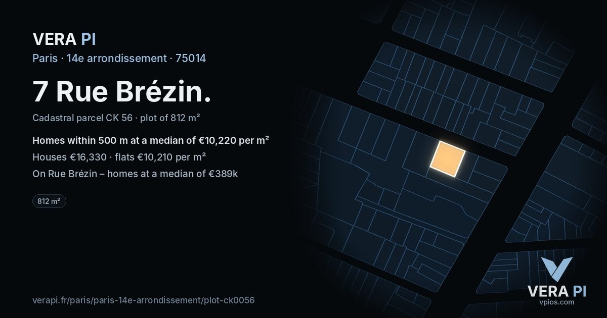 7 Rue Brézin, 14e arrondissement at night – the plot lit, the parcels around coloured by the prices near them