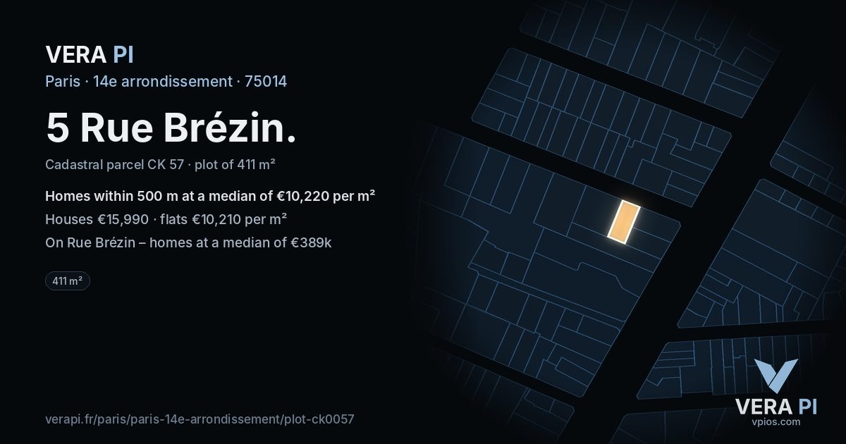 5 Rue Brézin, 14e arrondissement at night – the plot lit, the parcels around coloured by the prices near them