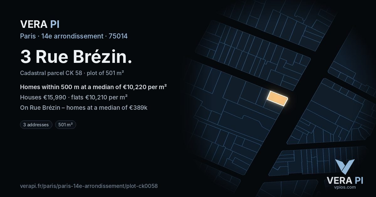 3 Rue Brézin, 14e arrondissement at night – the plot lit, the parcels around coloured by the prices near them