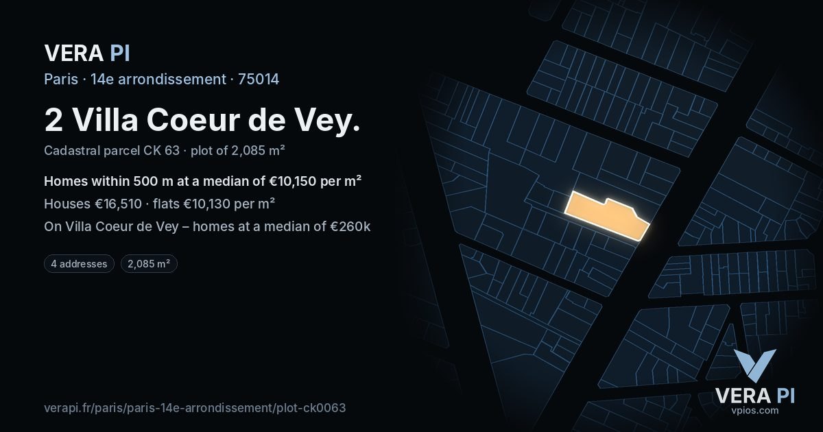 2 Villa Coeur de Vey, 14e arrondissement at night – the plot lit, the parcels around coloured by the prices near them