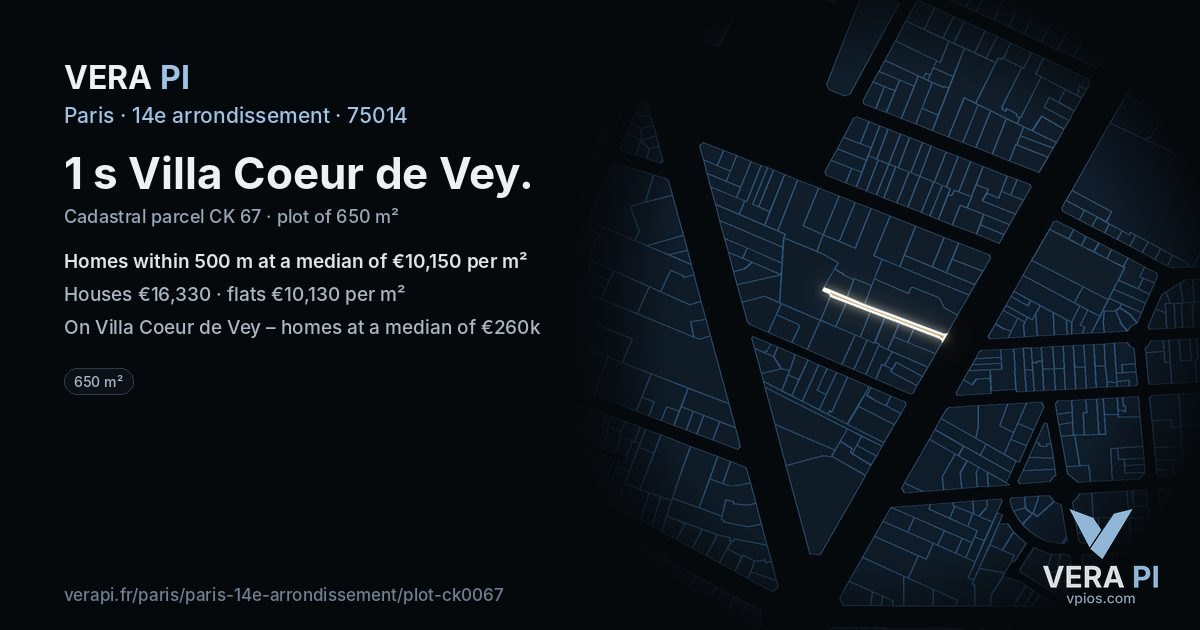 1 s Villa Coeur de Vey, 14e arrondissement at night – the plot lit, the parcels around coloured by the prices near them