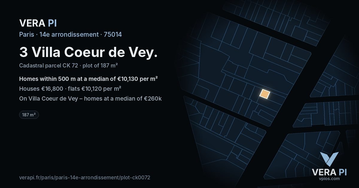 3 Villa Coeur de Vey, 14e arrondissement at night – the plot lit, the parcels around coloured by the prices near them