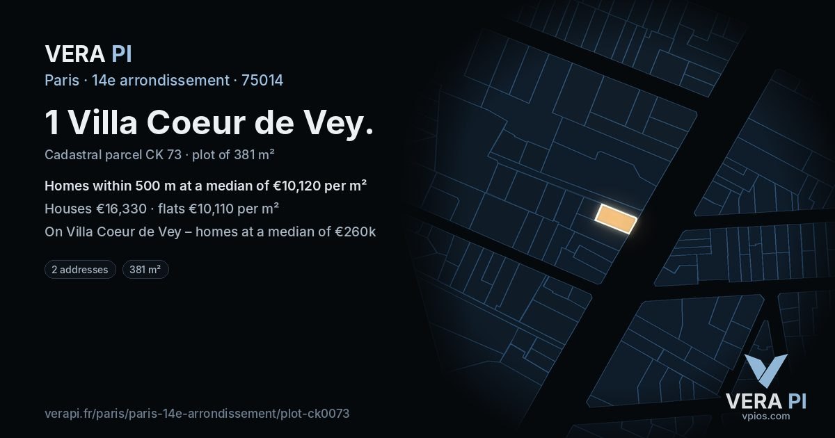 1 Villa Coeur de Vey, 14e arrondissement at night – the plot lit, the parcels around coloured by the prices near them