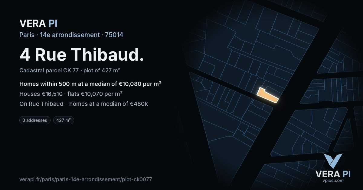 4 Rue Thibaud, 14e arrondissement at night – the plot lit, the parcels around coloured by the prices near them