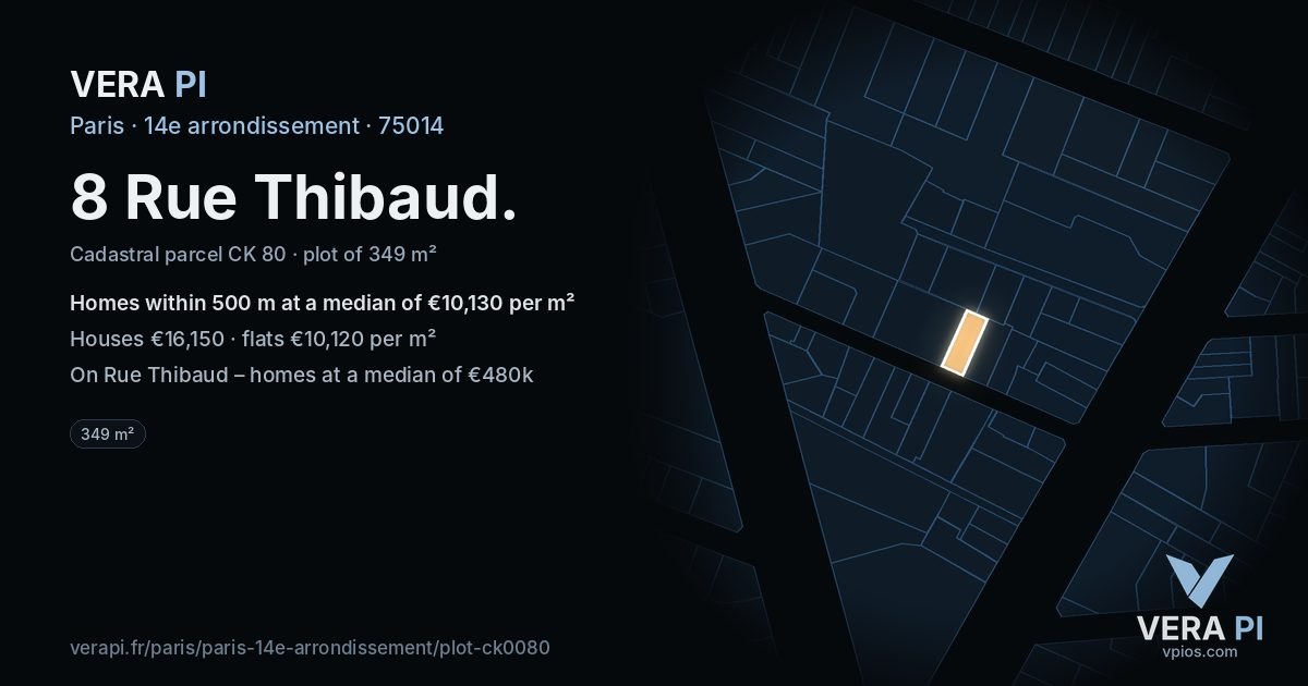 8 Rue Thibaud, 14e arrondissement at night – the plot lit, the parcels around coloured by the prices near them