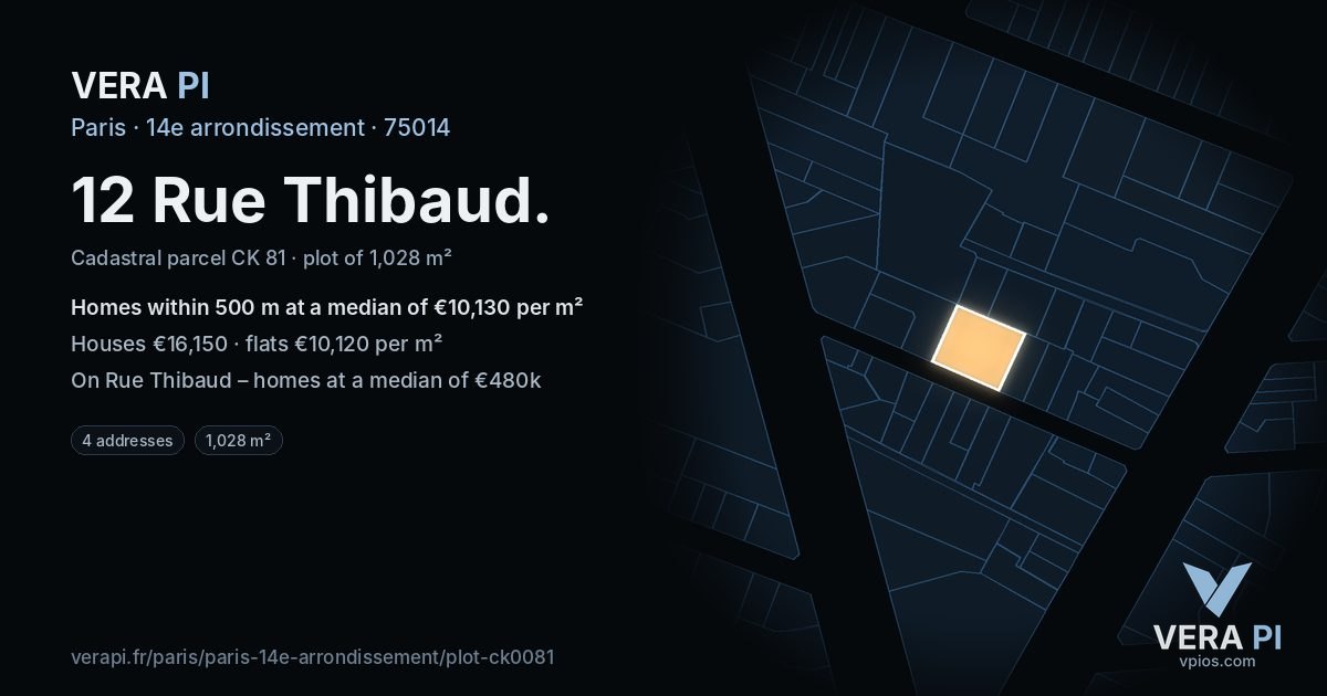 12 Rue Thibaud, 14e arrondissement at night – the plot lit, the parcels around coloured by the prices near them