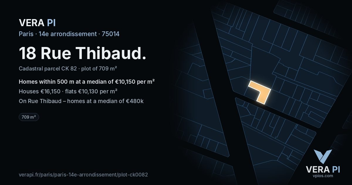 18 Rue Thibaud, 14e arrondissement at night – the plot lit, the parcels around coloured by the prices near them