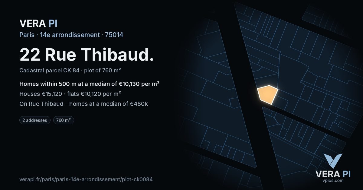 22 Rue Thibaud, 14e arrondissement at night – the plot lit, the parcels around coloured by the prices near them