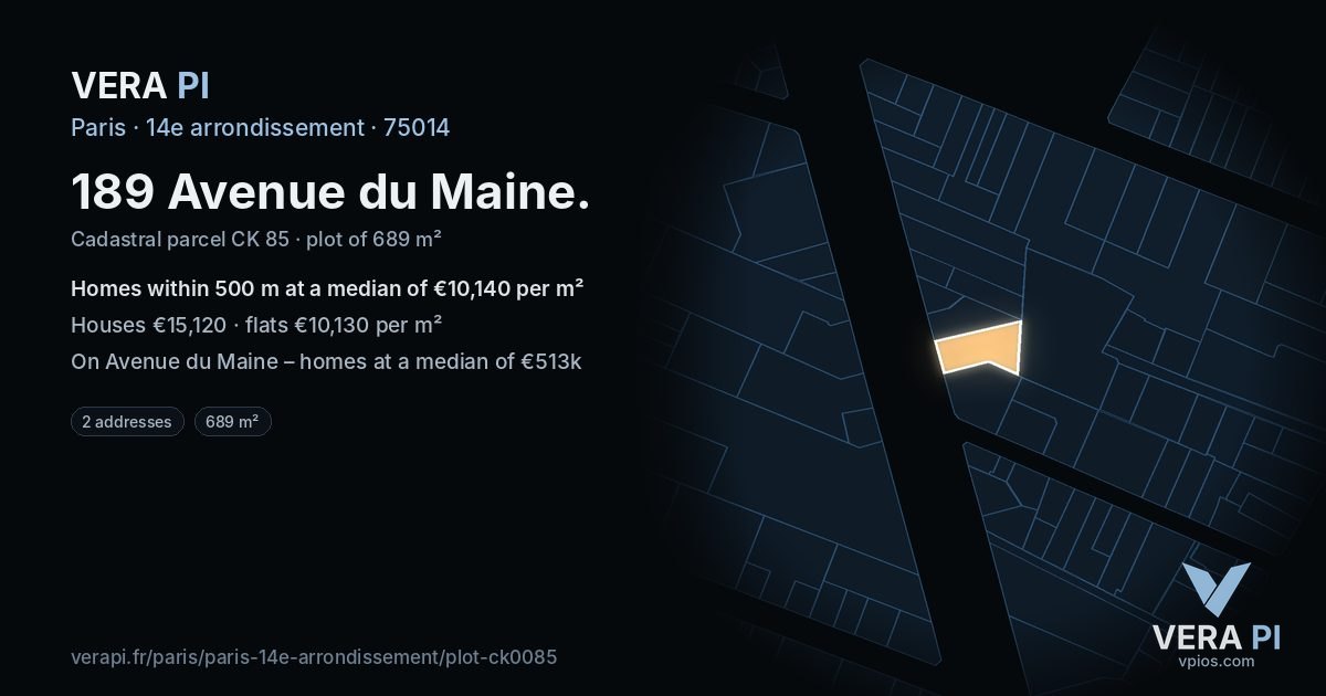 189 Avenue du Maine, 14e arrondissement at night – the plot lit, the parcels around coloured by the prices near them
