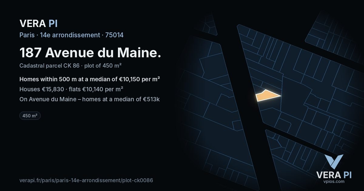 187 Avenue du Maine, 14e arrondissement at night – the plot lit, the parcels around coloured by the prices near them