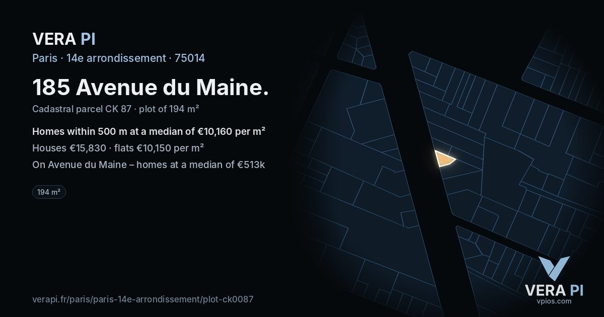 185 Avenue du Maine, 14e arrondissement at night – the plot lit, the parcels around coloured by the prices near them