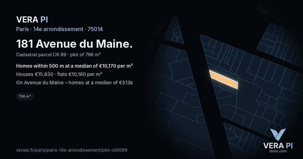 181 Avenue du Maine, 14e arrondissement at night – the plot lit, the parcels around coloured by the prices near them