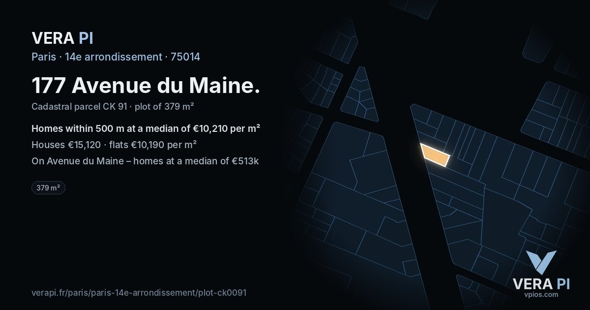 177 Avenue du Maine, 14e arrondissement at night – the plot lit, the parcels around coloured by the prices near them