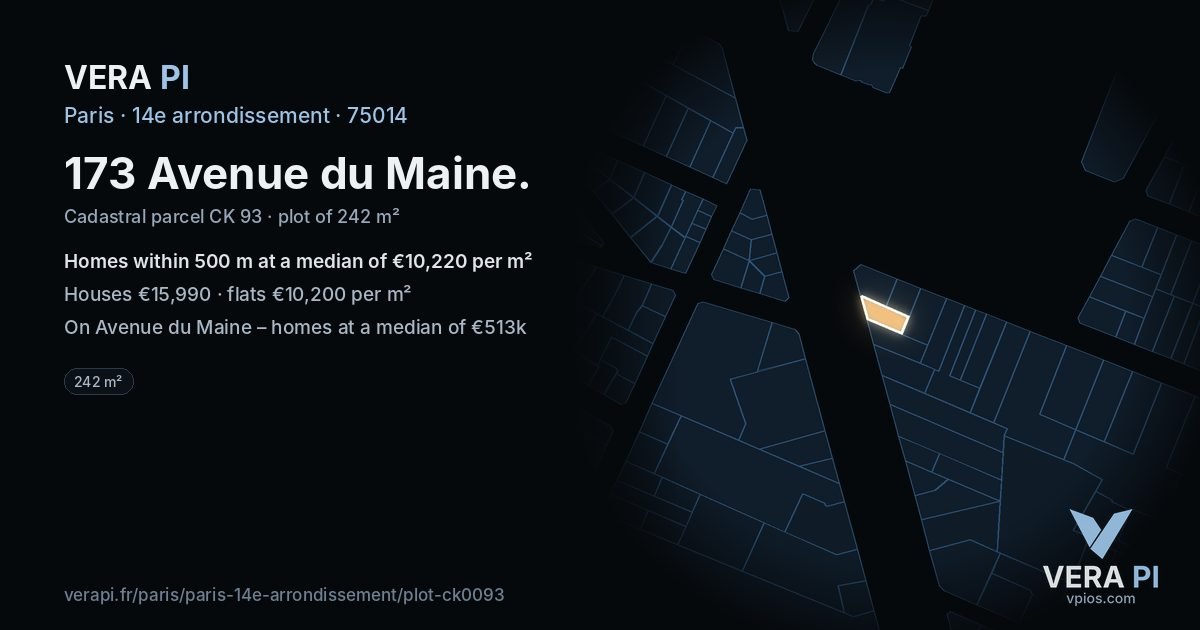 173 Avenue du Maine, 14e arrondissement at night – the plot lit, the parcels around coloured by the prices near them