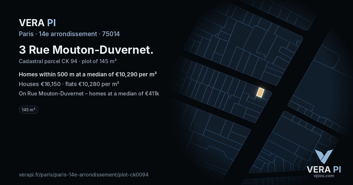 3 Rue Mouton-Duvernet, 14e arrondissement at night – the plot lit, the parcels around coloured by the prices near them