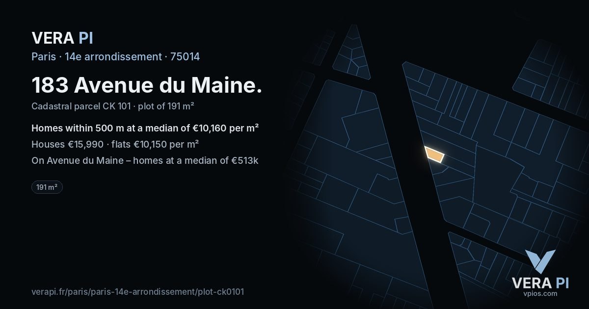 183 Avenue du Maine, 14e arrondissement at night – the plot lit, the parcels around coloured by the prices near them