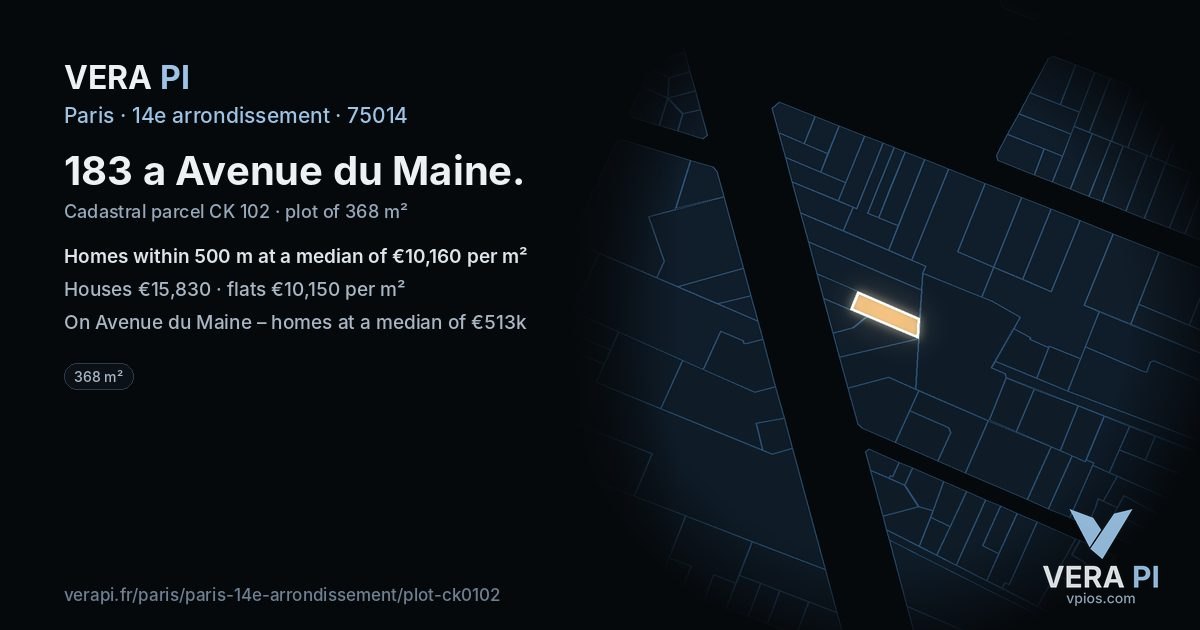 183 a Avenue du Maine, 14e arrondissement at night – the plot lit, the parcels around coloured by the prices near them
