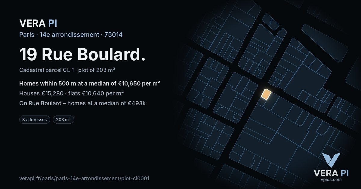 19 Rue Boulard, 14e arrondissement at night – the plot lit, the parcels around coloured by the prices near them