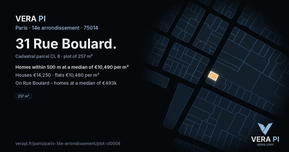 31 Rue Boulard, 14e arrondissement at night – the plot lit, the parcels around coloured by the prices near them