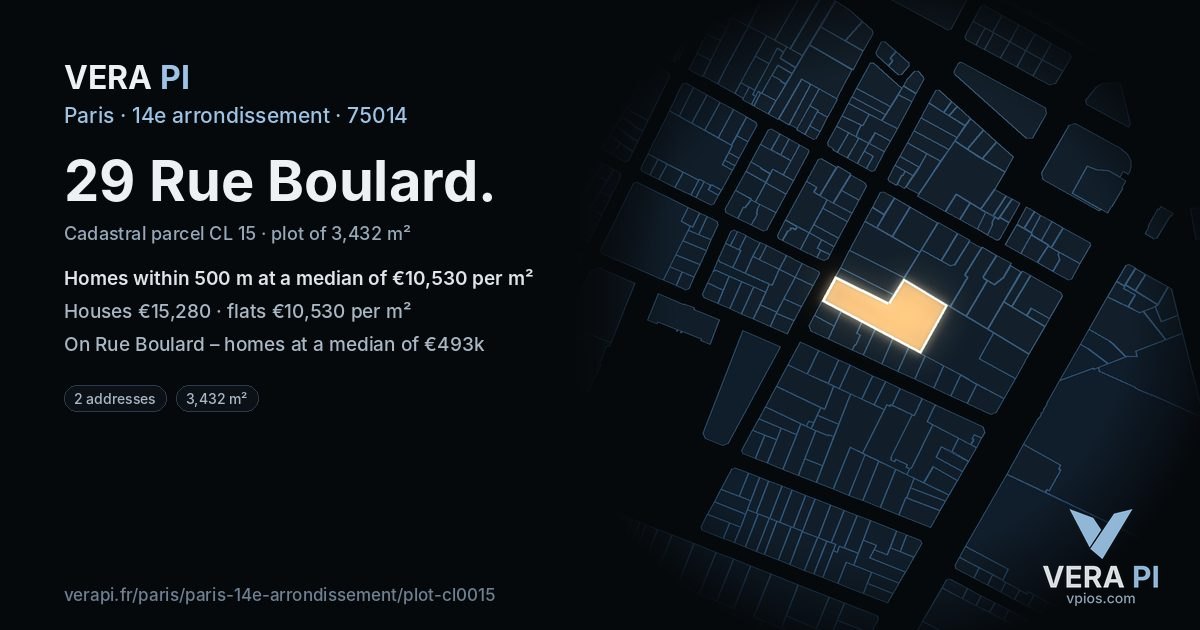 29 Rue Boulard, 14e arrondissement at night – the plot lit, the parcels around coloured by the prices near them