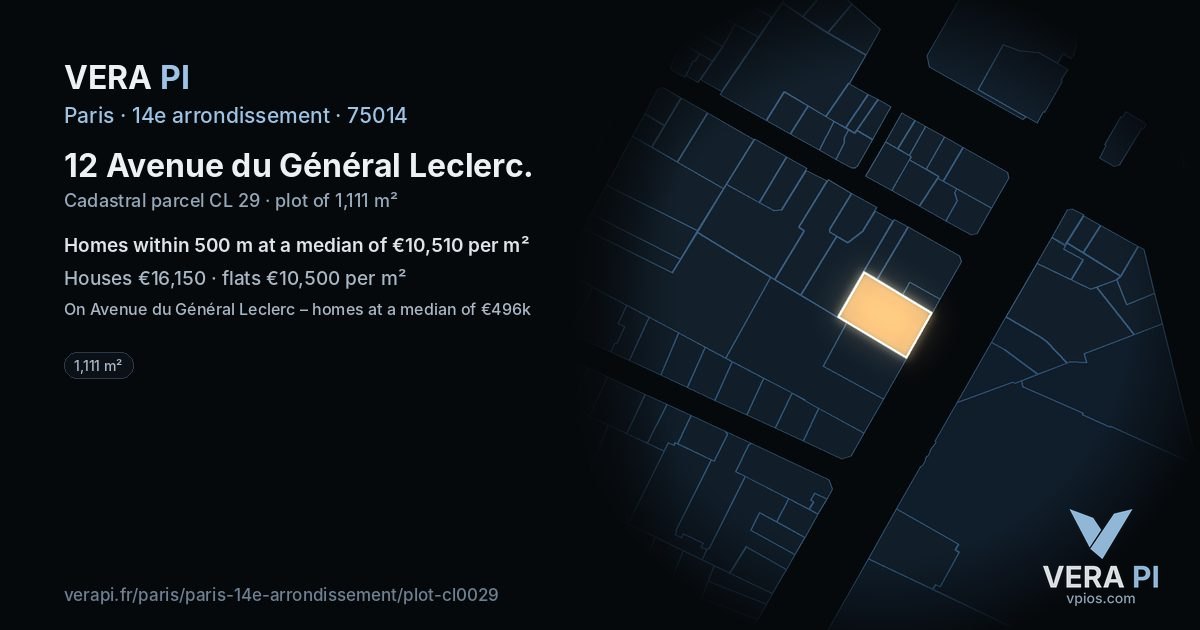 12 Avenue du Général Leclerc, 14e arrondissement at night – the plot lit, the parcels around coloured by the prices near them