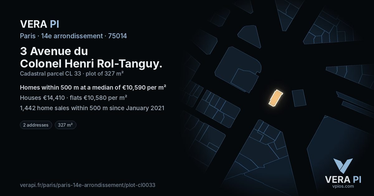 3 Avenue du Colonel Henri Rol-Tanguy, 14e arrondissement at night – the plot lit, the parcels around coloured by the prices near them