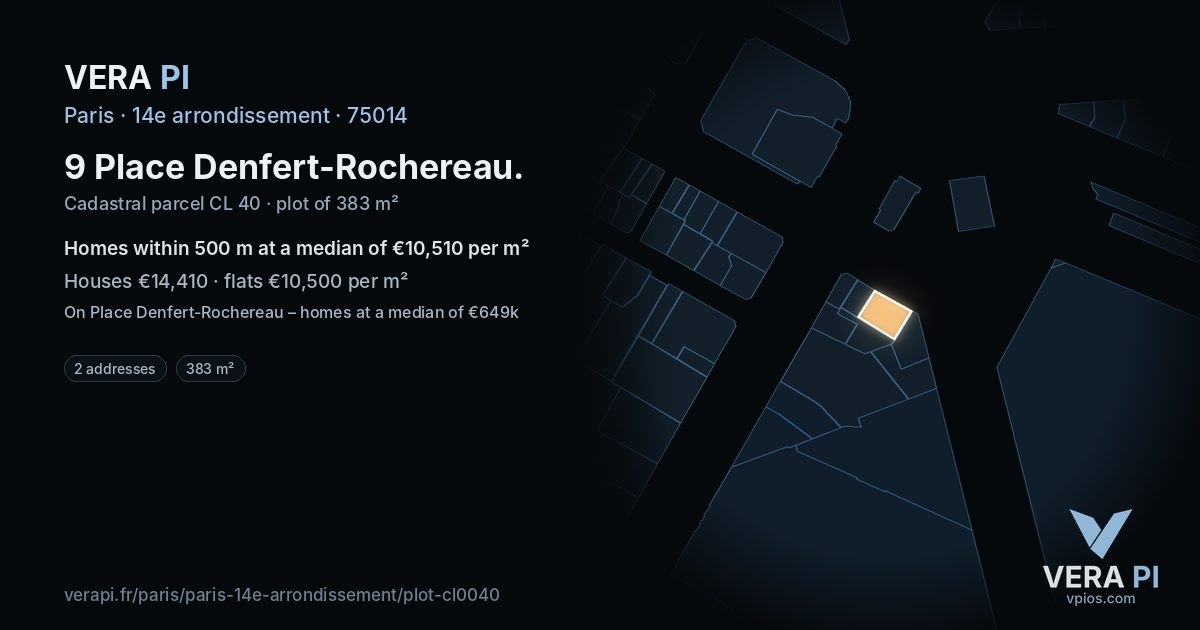 9 Place Denfert-Rochereau, 14e arrondissement at night – the plot lit, the parcels around coloured by the prices near them