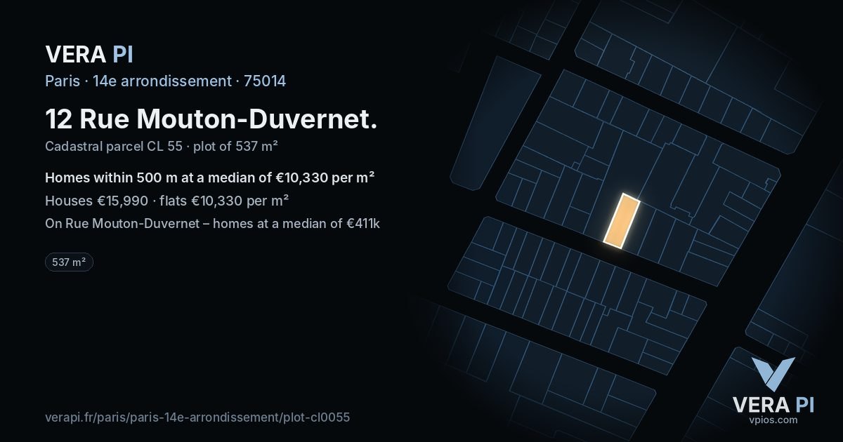 12 Rue Mouton-Duvernet, 14e arrondissement at night – the plot lit, the parcels around coloured by the prices near them