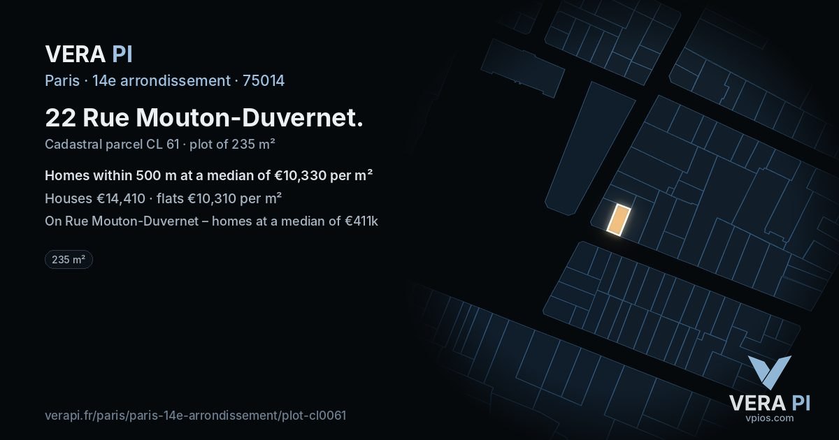 22 Rue Mouton-Duvernet, 14e arrondissement at night – the plot lit, the parcels around coloured by the prices near them