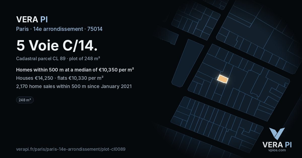 5 Voie C/14, 14e arrondissement at night – the plot lit, the parcels around coloured by the prices near them