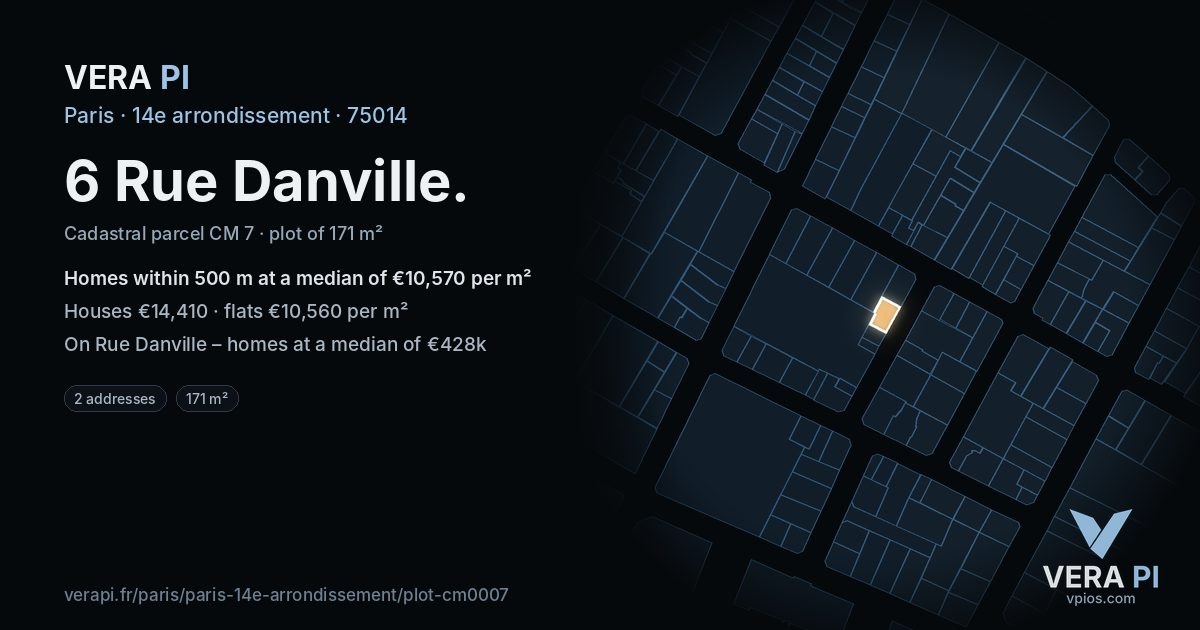 6 Rue Danville, 14e arrondissement at night – the plot lit, the parcels around coloured by the prices near them
