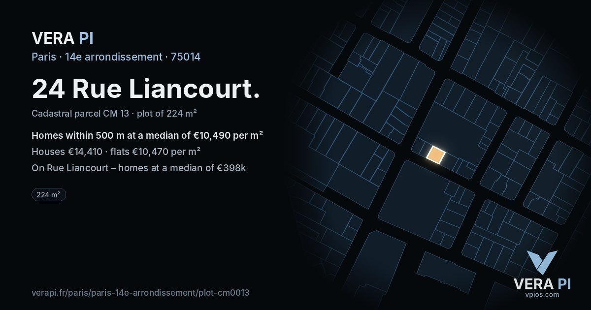 24 Rue Liancourt, 14e arrondissement at night – the plot lit, the parcels around coloured by the prices near them