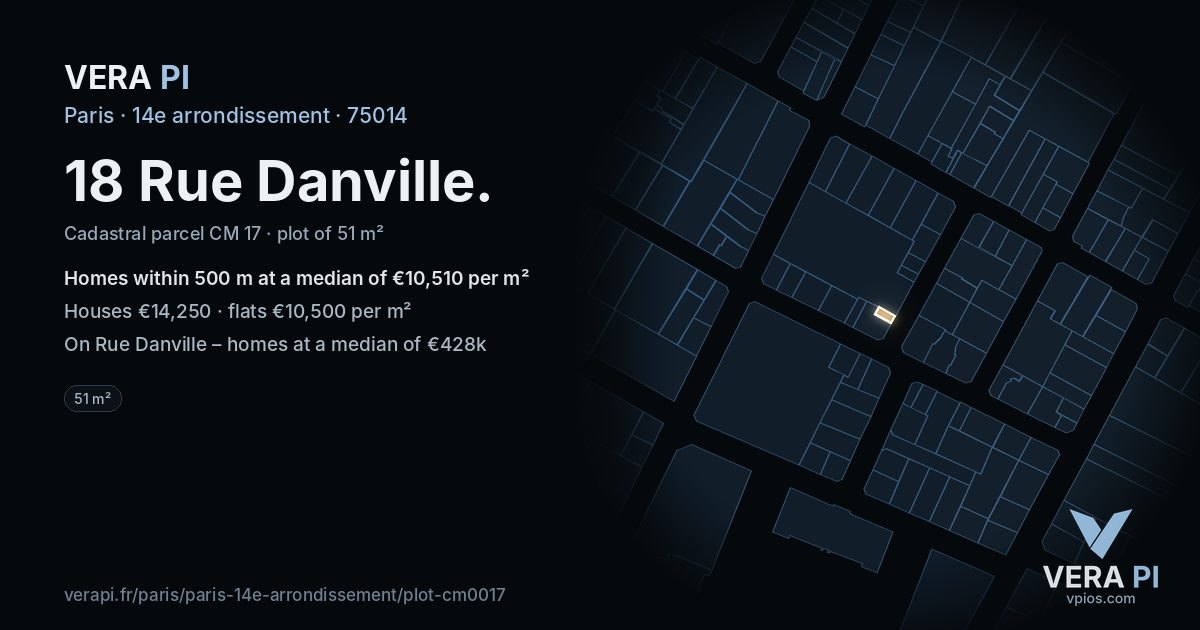 18 Rue Danville, 14e arrondissement at night – the plot lit, the parcels around coloured by the prices near them