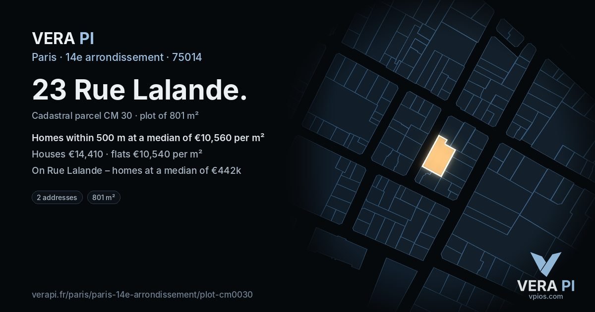 23 Rue Lalande, 14e arrondissement at night – the plot lit, the parcels around coloured by the prices near them