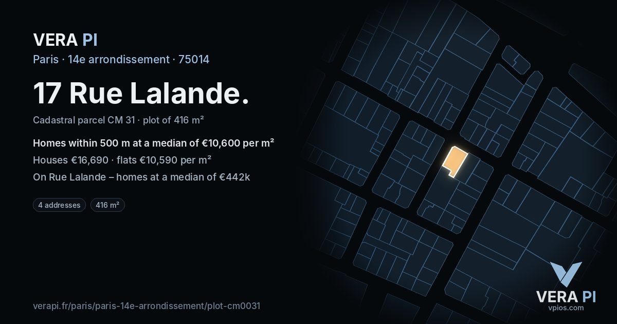 17 Rue Lalande, 14e arrondissement at night – the plot lit, the parcels around coloured by the prices near them