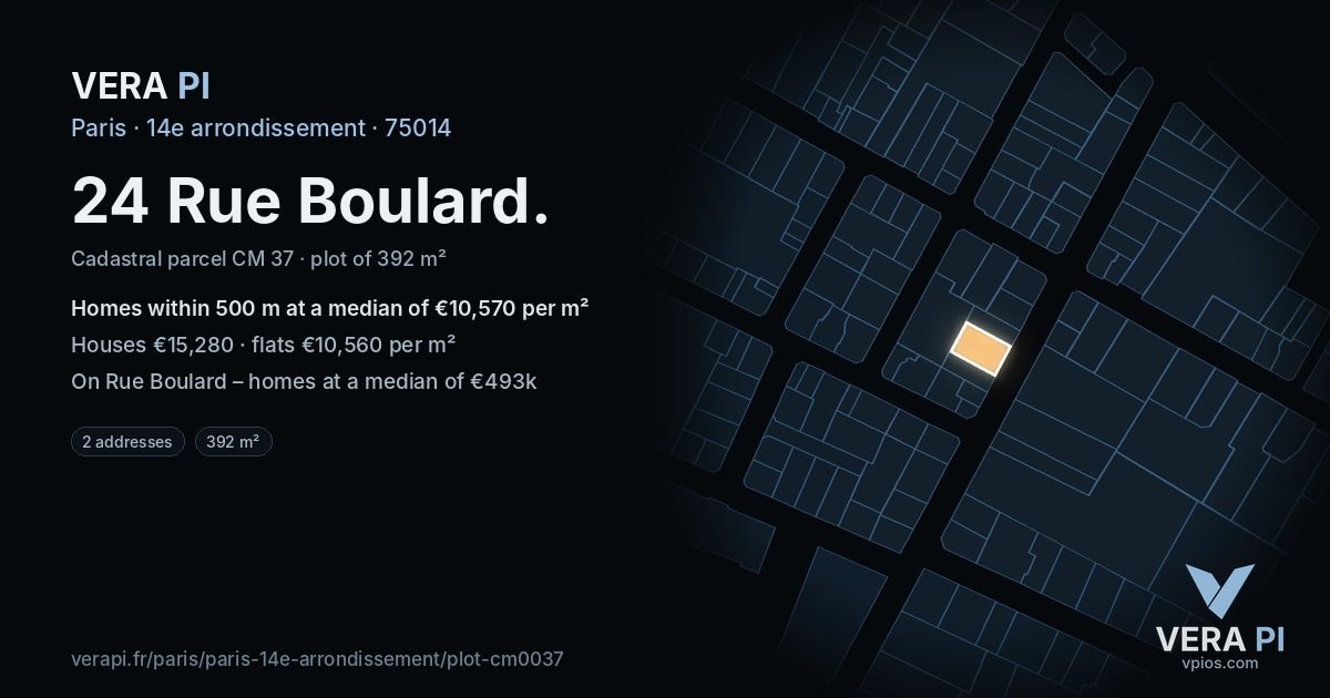 24 Rue Boulard, 14e arrondissement at night – the plot lit, the parcels around coloured by the prices near them