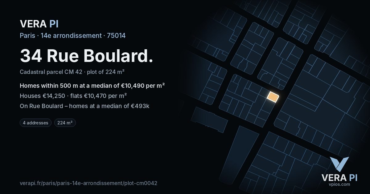 34 Rue Boulard, 14e arrondissement at night – the plot lit, the parcels around coloured by the prices near them