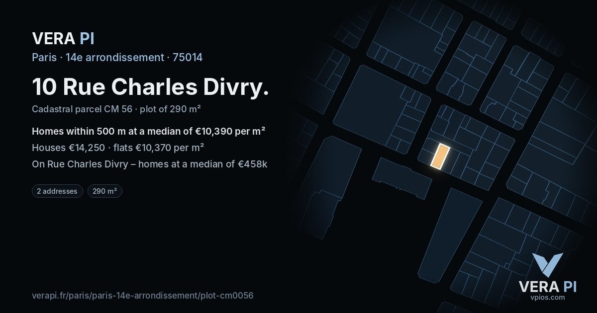 10 Rue Charles Divry, 14e arrondissement at night – the plot lit, the parcels around coloured by the prices near them