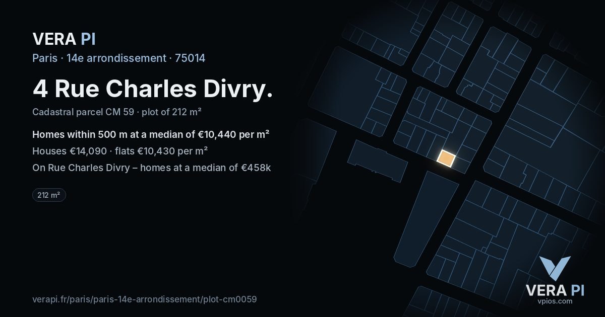 4 Rue Charles Divry, 14e arrondissement at night – the plot lit, the parcels around coloured by the prices near them