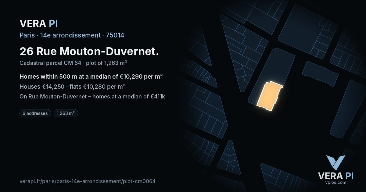 26 Rue Mouton-Duvernet, 14e arrondissement at night – the plot lit, the parcels around coloured by the prices near them